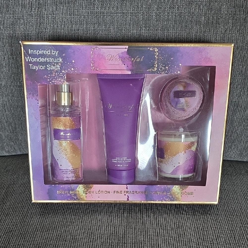 Wonderful 4-piece Gift Set,‎ New, Includes Body Mist, Lotion, Bath Bomb, Candle